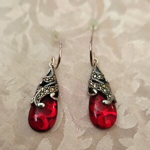 Vintage Sterling Silver Oxidized Genuine Marcasite and Red Glass Teardrop Dangle